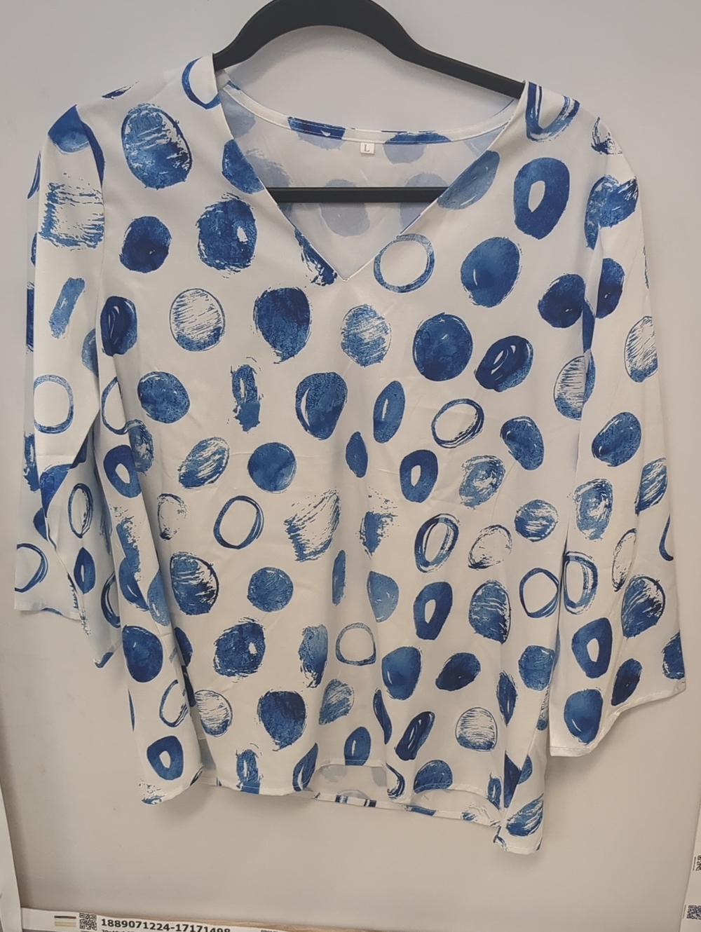 Women’s White V-Neck Blouse with Blue Dot Print